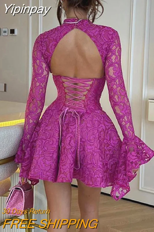 Yipinpay Backless Cross Tie Up Lace Floral Dress Women Elegant Flare Long Sleeve Half High Neck A-Line Mini Dress Party Vestidos Casual Button-Up Mini Dress Yipinpay Backless Cross Tie Up Lace Floral Dress Women Elegant Flare Long Sleeve Half High Neck A-Line Mini Dress Party Vestidos Casual Button-Up Mini Dress