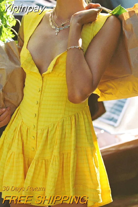 Yipinpay Retro Yellow Plaids Ruffled Hem Mini Dress Women Summer Casual Sleeveless Wide Shoulder Strap Buttons down A-Line Dress Trendy Mesh Mini Dress Yipinpay Retro Yellow Plaids Ruffled Hem Mini Dress Women Summer Casual Sleeveless Wide Shoulder Strap Buttons down A-Line Dress Trendy Mesh Mini Dress