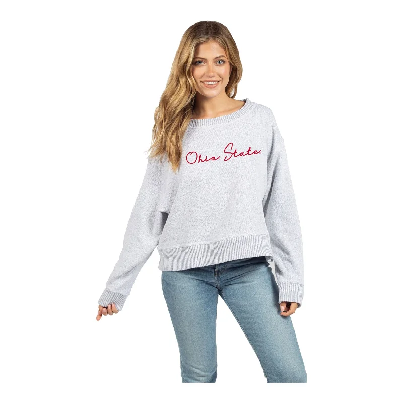 Ladies Ohio State Buckeyes Spirit Fleece Long Sleeve Crew Cropped Gray Pullover Ruffle Neck Pullover Ladies Ohio State Buckeyes Spirit Fleece Long Sleeve Crew Cropped Gray Pullover Ruffle Neck Pullover