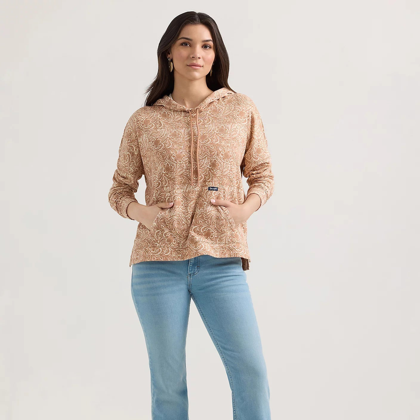 Wrangler Retro Women's Floral Scroll Relaxed Pullover Hoodie in Wavy Tan Tapered Sleeve Pullover Wrangler Retro Women's Floral Scroll Relaxed Pullover Hoodie in Wavy Tan Tapered Sleeve Pullover