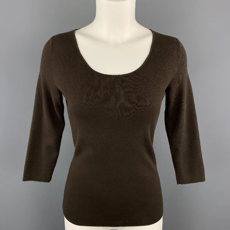 LORO PIANA Size 6 Brown Cotton / Elastane Scoop Neck 3/4 Sleeve Pullover Kimono Neck Pullover LORO PIANA Size 6 Brown Cotton / Elastane Scoop Neck 3/4 Sleeve Pullover Kimono Neck Pullover