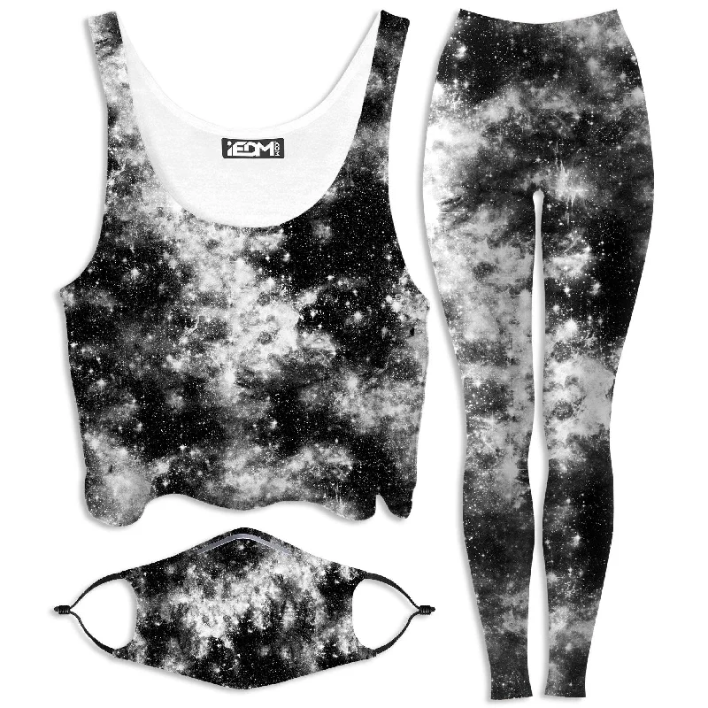 Deep Dark Galaxy Crop Top and Leggings with PM 2.5 Face Mask Combo Fleece Fabric Down Fabric Feather Fabric Deep Dark Galaxy Crop Top and Leggings with PM 2.5 Face Mask Combo Fleece Fabric Down Fabric Feather Fabric
