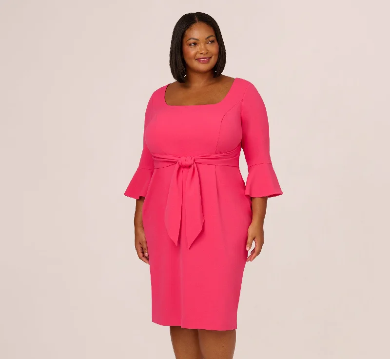 Plus Size Stretch Knit Crepe Tie-Front Midi-Length Sheath Dress In Camellia Cozy A-Line Midi Dress Plus Size Stretch Knit Crepe Tie-Front Midi-Length Sheath Dress In Camellia Cozy A-Line Midi Dress
