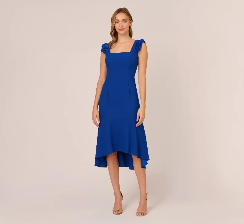 Ruffled Satin Crepe Midi-Length High/Low Cocktail Mermaid Dress In Violet Cobalt Comfortable Casual Midi Dress Ruffled Satin Crepe Midi-Length High/Low Cocktail Mermaid Dress In Violet Cobalt Comfortable Casual Midi Dress