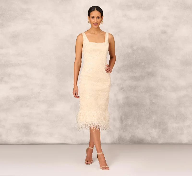 Sequined And Embroidered Midi-Length Sheath Cocktail Dress With Feather Trim In Champagne Trendy Off-Shoulder Ruffle Midi Dress Sequined And Embroidered Midi-Length Sheath Cocktail Dress With Feather Trim In Champagne Trendy Off-Shoulder Ruffle Midi Dress