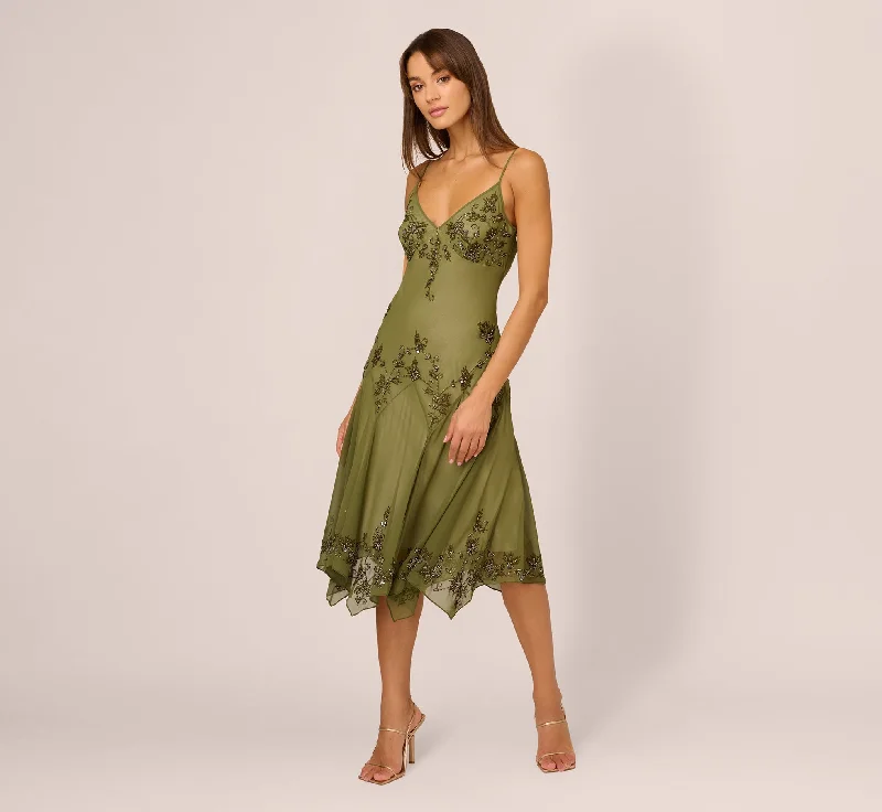 Vintage Beaded Midi Fairy Dress With Sharkbite Hem In Olive Fashionable Floral Embroidery Midi Dress Vintage Beaded Midi Fairy Dress With Sharkbite Hem In Olive Fashionable Floral Embroidery Midi Dress